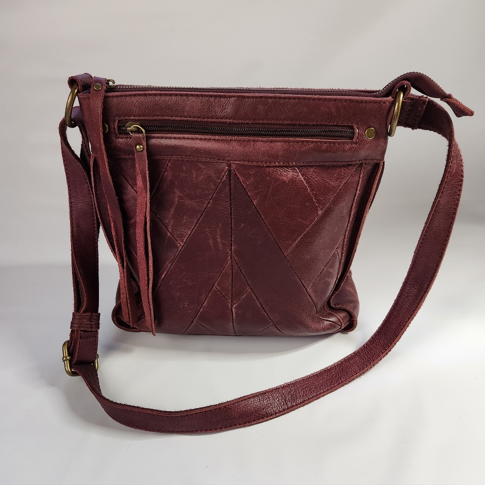 Lucky Brand Burgundy 100% Leather Baldwin Patchwork Crossbody Boho Purse Bag